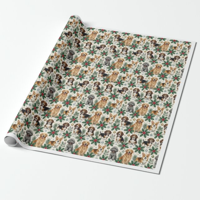 Papel de embrulho botânico Cães de Natal & Azevinh (Desenrolado)