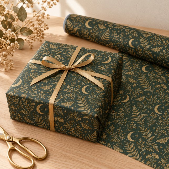 Papel de Embrulho Botânico Lua Dourada Verde Flore (Forest Green Gold Moon Moth Botanical Wrapping Paper)