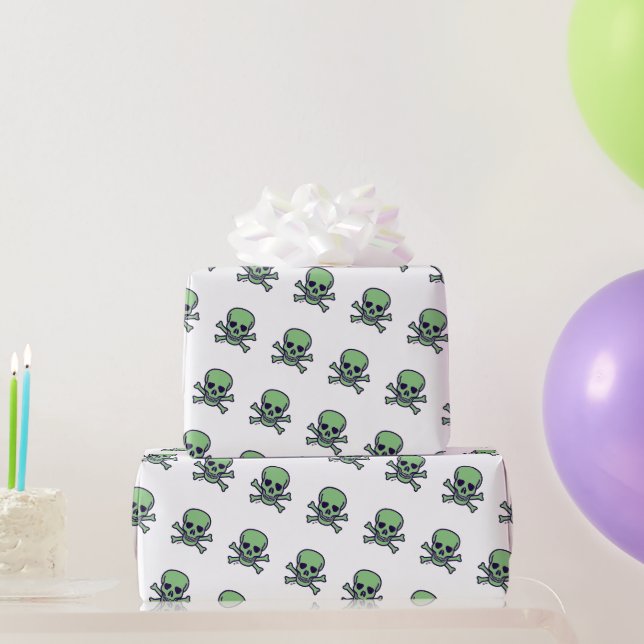 Papel de embrulho brilhante branco-crânio verde (Presentes para festas)