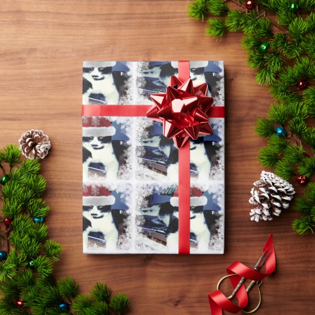Papel de embrulho brilhante com gato Tuxedo e chap (Presente de Natal)
