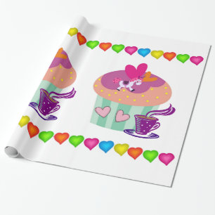 Papel de embrulho brilhante, cupcakes corações col