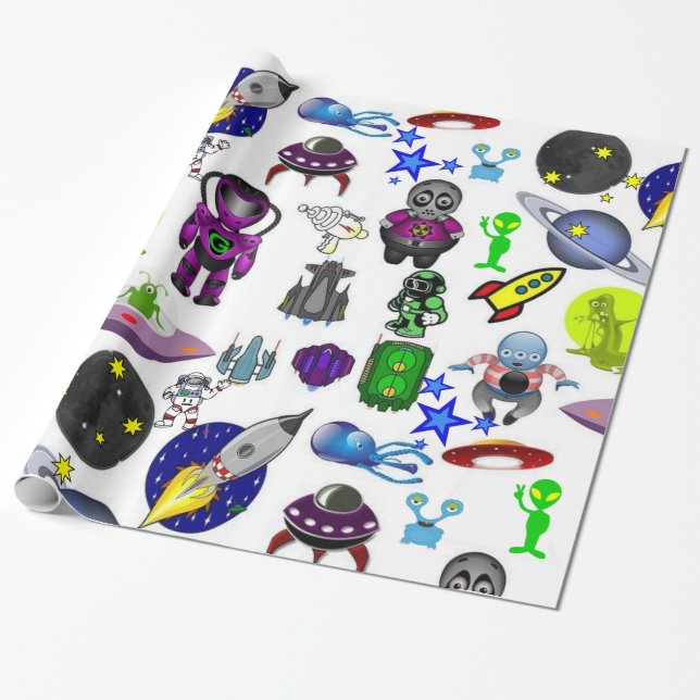 Papel de embrulho brilhante, espaçonaves alienígen (Desenrolado)