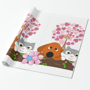 Papel de embrulho brilhante, floral de gato cachor