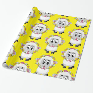 Papel de embrulho brilhante, floral de ovelha amar