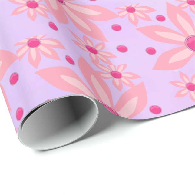 Papel de embrulho brilhante flores cor-de-rosa (Ponta do rolo)