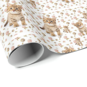 Papel de embrulho brilhante gatinhos floral