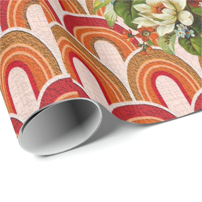 Papel de embrulho brilhante laranja floral (Ponta do rolo)