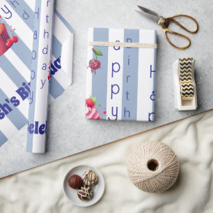 Papel de embrulho brilhante listra azul Feliz Aniv