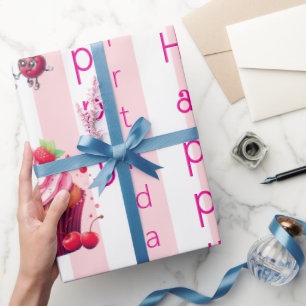 Papel de embrulho brilhante listra rosa Feliz Aniv