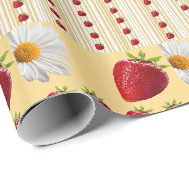 Papel de embrulho brilhante Morango Branco Dália (Ponta do rolo)