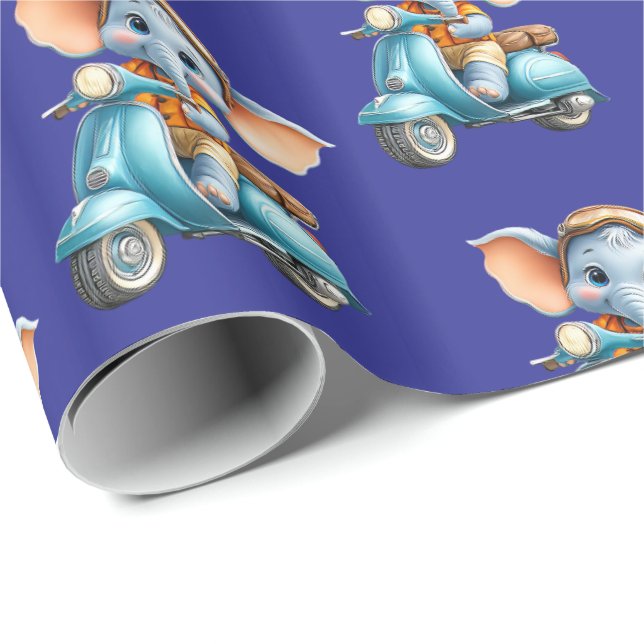 Papel de embrulho brilhante scooter elefante azul (Ponta do rolo)
