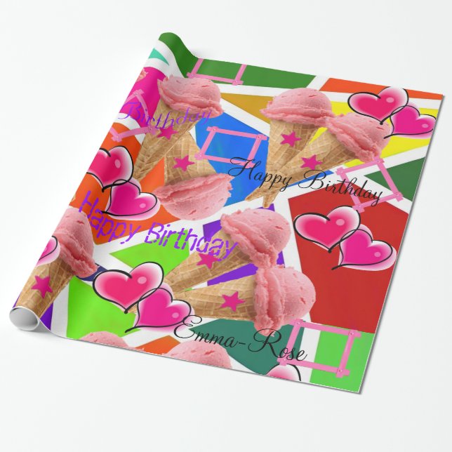 Papel de embrulho brilhante, Sorvete de Morango (Desenrolado)