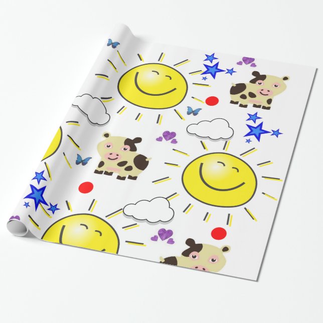 Papel de embrulho brilhante, Vaca Sol Nuvens Coraç (Desenrolado)