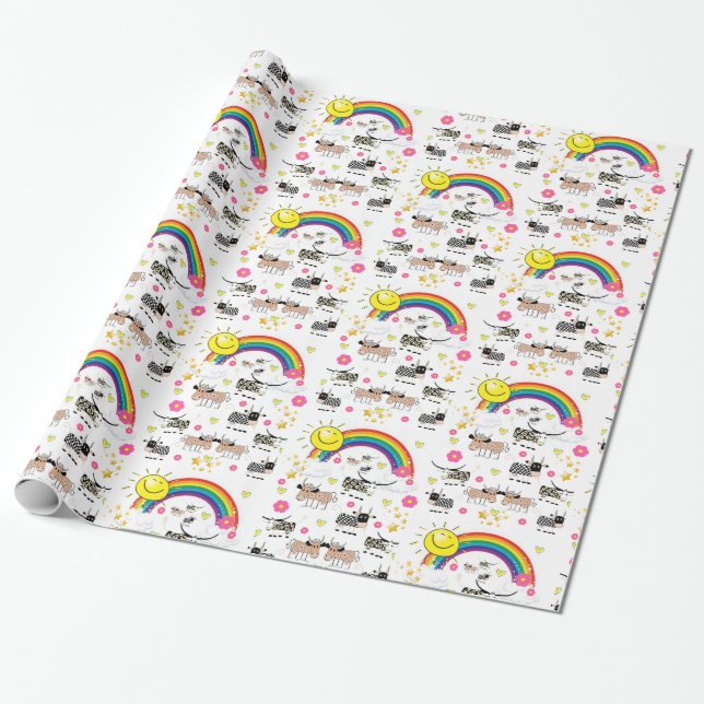 Papel de embrulho brilhante, vacas nuvens sol arco (Desenrolado)