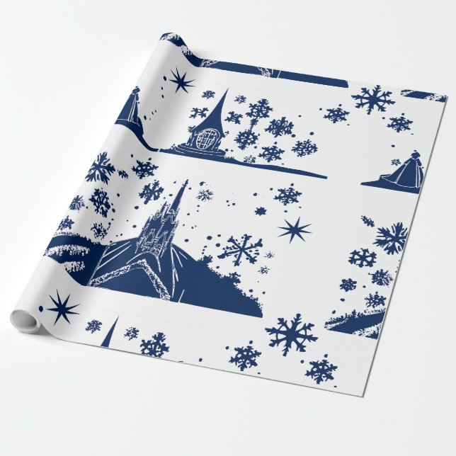 Papel de embrulho Castelo de Natal Azul em Branco (Desenrolado)