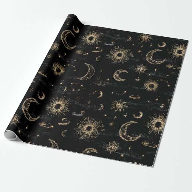 Papel de embrulho celestial preto e dourado (Desenrolado)