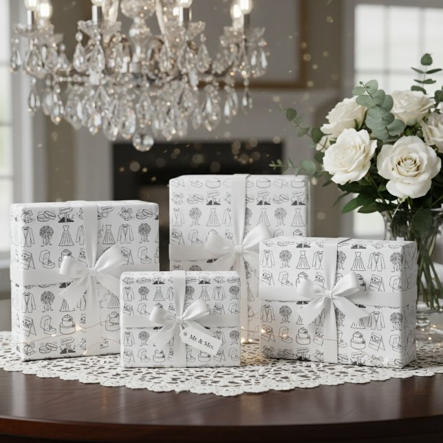 Papel de embrulho chique "Recém-casados" ("Just Married" Chic Wrapping Paper)