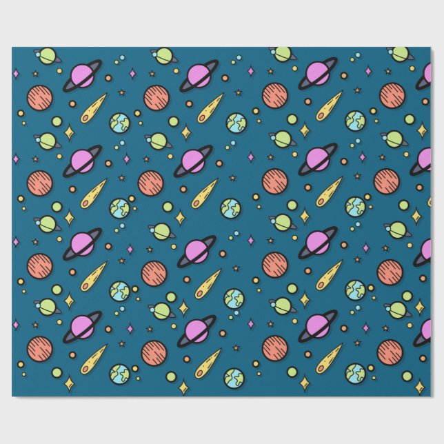 Papel de embrulho Colorido Espaço Doodle | Planeta (Aberto)