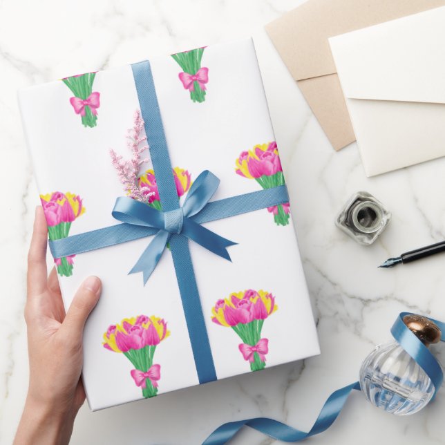 Papel de embrulho com buquê de tulipas rosa e amar (Presentear)