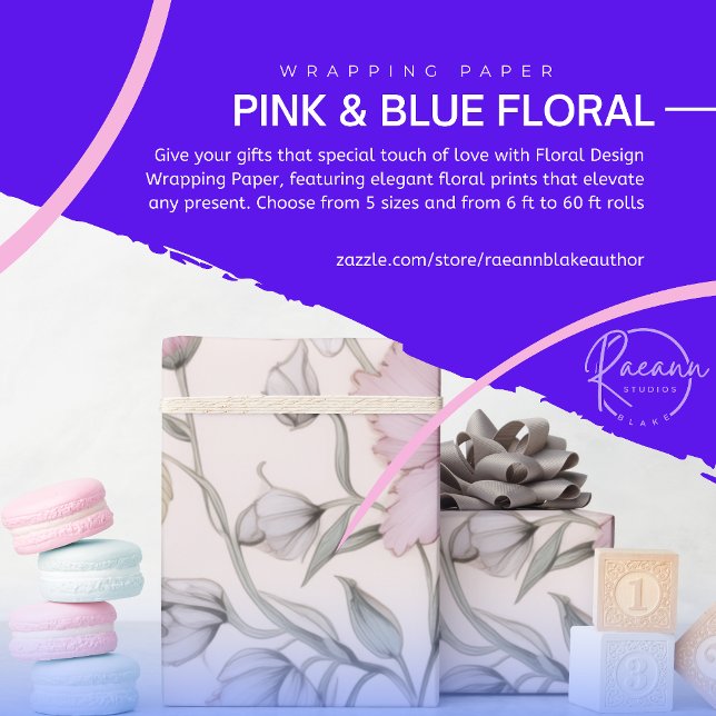 Papel de embrulho com design floral rosa e azul (Criador carregado)