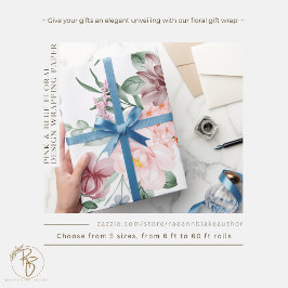 Papel de embrulho com design floral rosa e azul
