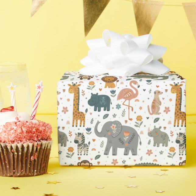 Papel de embrulho com estampa de animais da savana (Festa de aniversário)