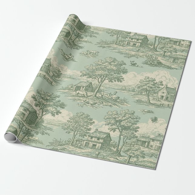 Papel de embrulho com estampa pastoral em verde sa (Desenrolado)