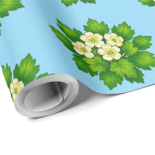 Papel de embrulho com flores brancas fofas e folha