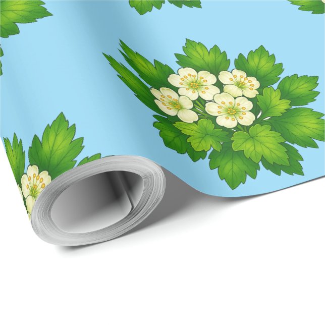 Papel de embrulho com flores brancas fofas e folha (Ponta do rolo)