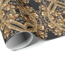 Papel de embrulho com flores ornamentais douradas