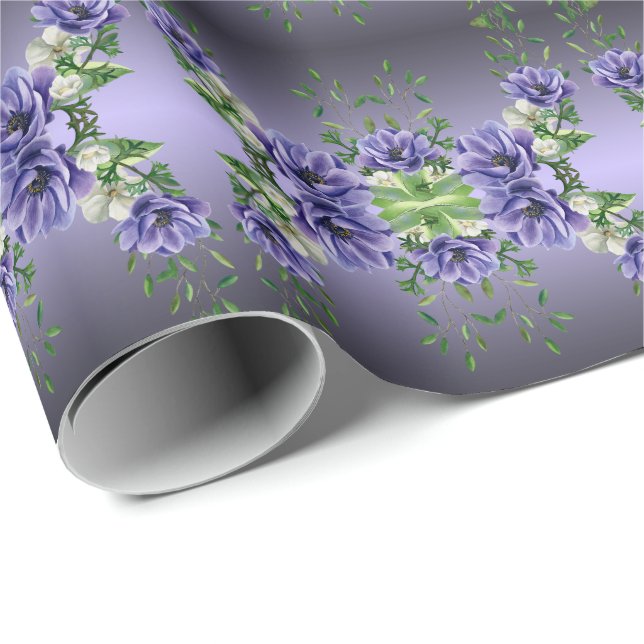 Papel de embrulho com flores roxas aquarela (Ponta do rolo)