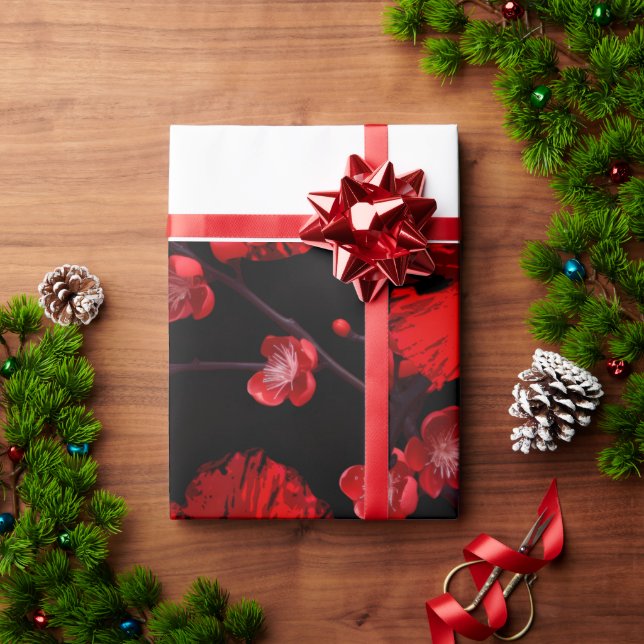 papel de embrulho com flores vermelhas (Presente de Natal)