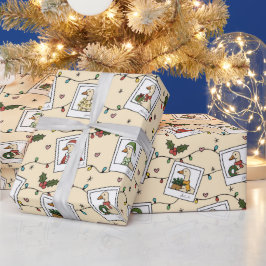 Papel de embrulho com gansos de Natal desenhados à