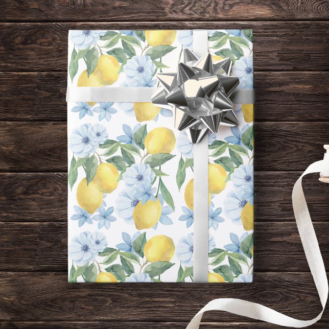 Papel de embrulho com limão e flores em aquarela b (Watercolor Lemon & Blue Flower Gift Wrap for Baby Shower, Birthday or Main Squeeze Bridal Shower)