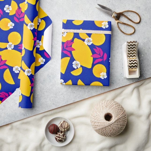Papel de embrulho com limões Zestis e Folhas Rosa (Artesanato)