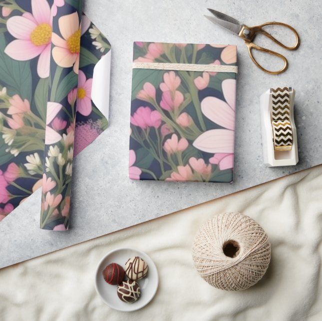 Papel de embrulho com lindas flores cor-de-rosa (Artesanato)