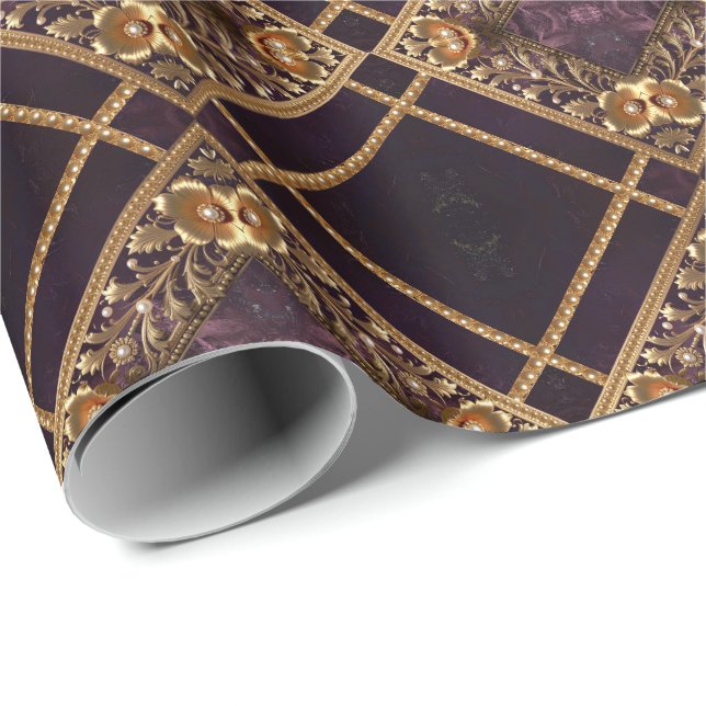 Papel de embrulho com ornamento floral dourado e p (Ponta do rolo)