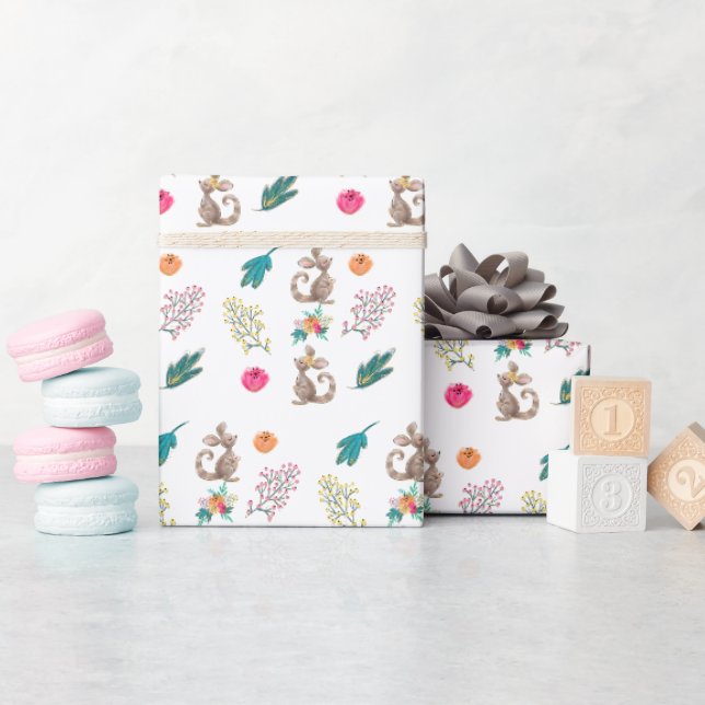 Papel de Embrulho com Padrão de Canguru e Floral (Chá de bebê)