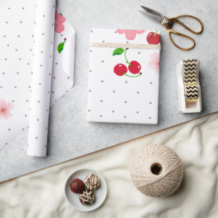 Papel de embrulho com padrão de cereja e flor de c