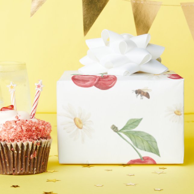 Papel de embrulho com padrão de cereja em aquarela (Festa de aniversário)
