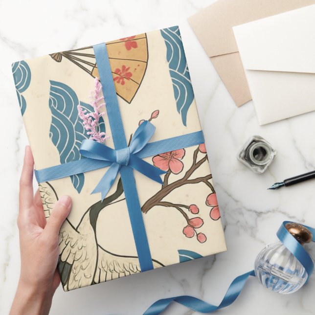 Papel de embrulho com padrão de grou japonês e sak (Presentear)