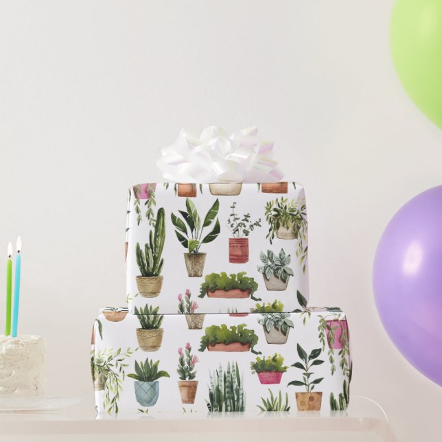 Papel de embrulho com padrão de plantas em vasos a (Presentes para festas)