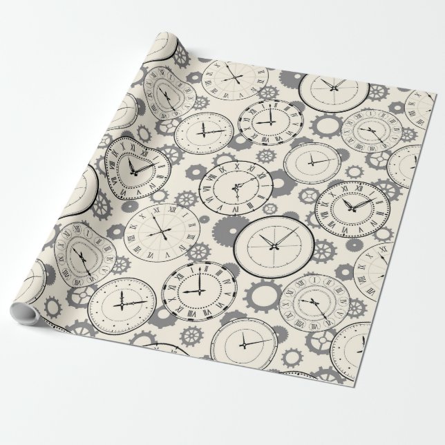 Papel de embrulho com padrão de relógio e engrenag (Desenrolado)