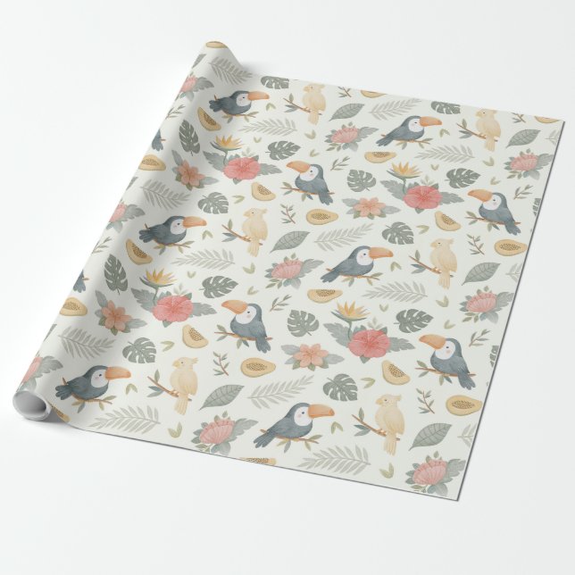 Papel de embrulho com padrão de tucano tropical e  (Desenrolado)