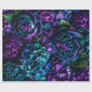 Papel de embrulho com padrão floral roxo e azul-es