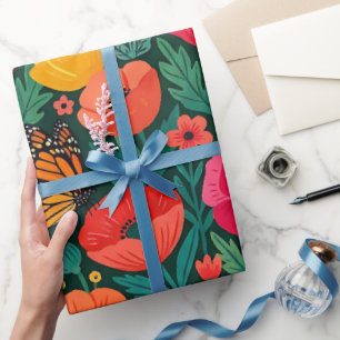 Papel de embrulho com papoulas abstratas e borbole