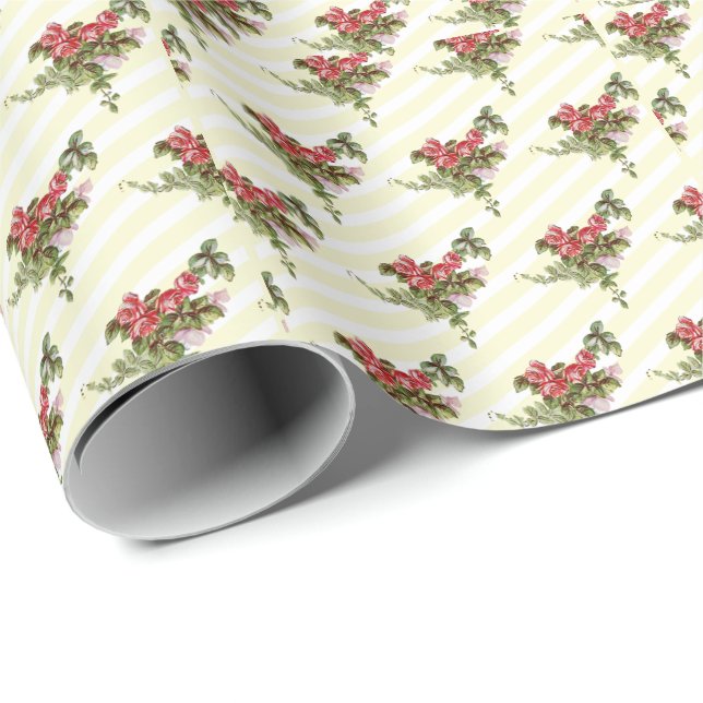 Papel de embrulho com rosas da primavera em listra (Ponta do rolo)