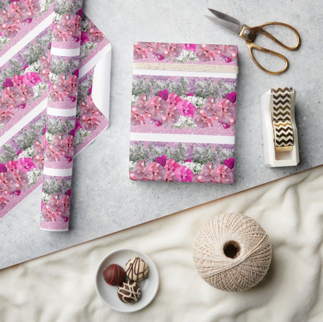 Papel de embrulho com rosas e brilho falso cor de  (Artesanato)