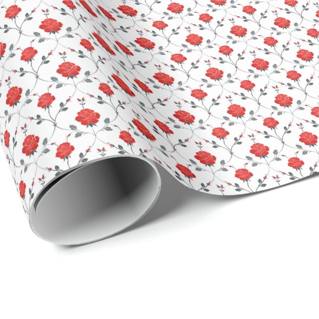 Papel de embrulho com rosas vermelhas e botões de  (Ponta do rolo)