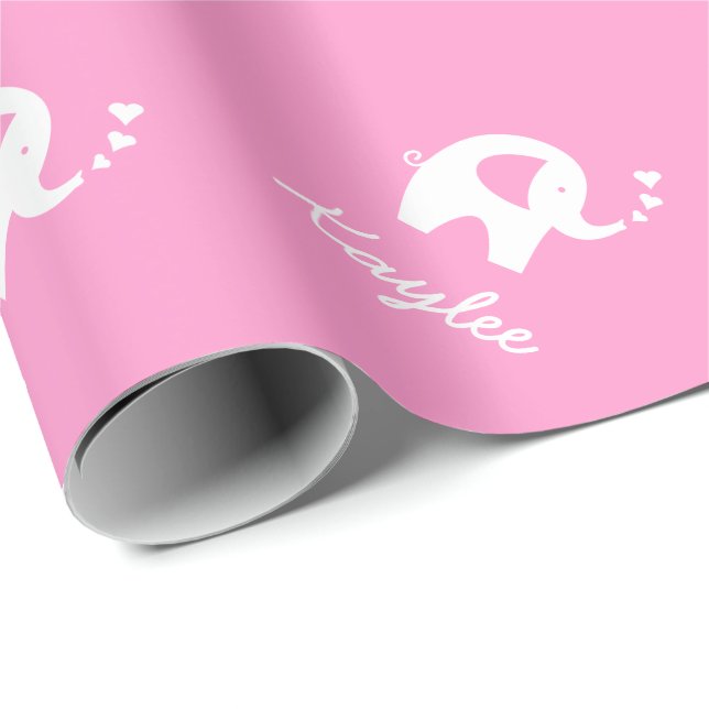 Papel de embrulho cor-de-rosa com elefante bebê gi (Ponta do rolo)